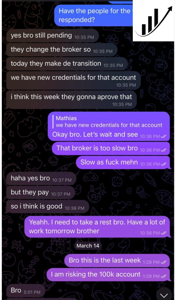 Client message screenshot from a trader a year into a funded seat.