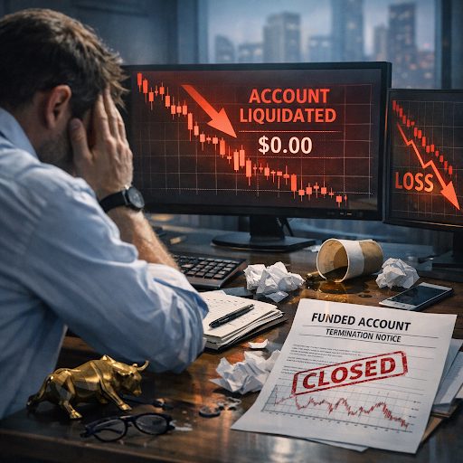 A trader sits with his head in his hands in front of a red equity curve and a funded-account termination notice.